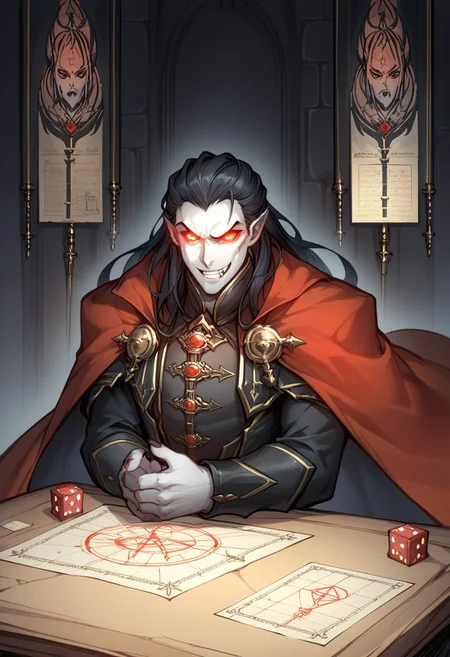 source_anime, score_9, score_8_up, solo, male focus, <lora:clamStrahdPDXL_v12:1> Strahd, vampire, long hair, red cape, upper torso, glowing eyes, volumetric lighting, black background, caricature,  dungeon master, dungeons and dragons, sat behind table, behind dungeon master screen, highly detailed, vfx, polyhedral dice, d20, maps, hands out, evil grin
