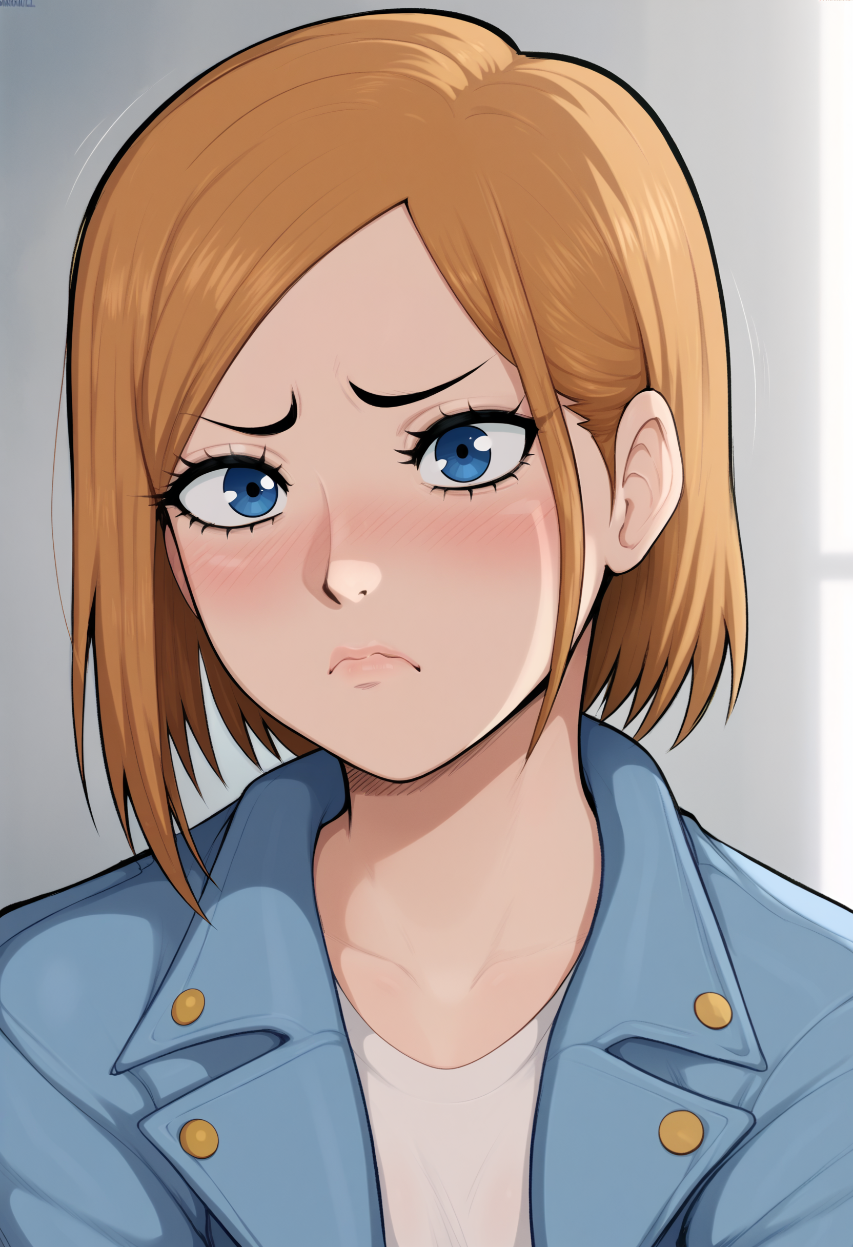 <lora:afrobull-guy-PONY-DORAv1:1>, afbul, score_9, score_7_up, 1girl, solo, portrait, shy, brown hair, blue jacket, kugisaki nobara