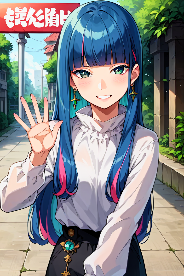 score_9, score_8_up, score_7_up, score_6_up, score_5_up, score_4_up, rating_questionable, , source_anime, digital illustration, pixiv, fanbox, uncensored, , BREAK, official art,
1girl, solo, female, eida, blue hair, blunt bangs, colored colored inner hair, long hair, earrings, long sidelocks,
white shirt, long sleeves, jewelry,  upper body, waving, outdoors, light smile, blush, cowboy shot, looking at viewer, colorful, vivid   <lora:Eida_Pony-10:0.8>