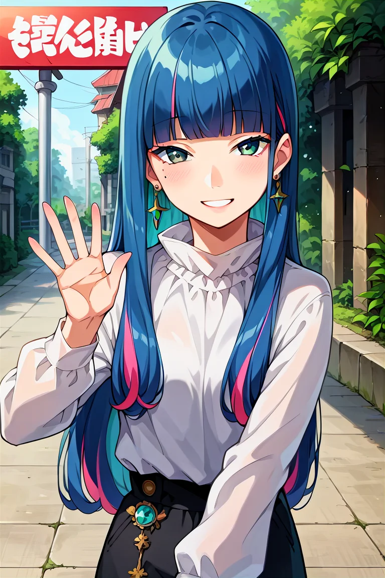 score_9, score_8_up, score_7_up, score_6_up, score_5_up, score_4_up, rating_questionable, , source_anime, digital illustration, pixiv, fanbox, uncensored, , BREAK, official art,
1girl, solo, female, eida, blue hair, blunt bangs, colored colored inner hair, long hair, earrings, long sidelocks,
white shirt, long sleeves, jewelry, upper body, waving, outdoors, light smile, blush, cowboy shot, looking at viewer, colorful, vivid <lora:Eida_Pony-10:0.8>