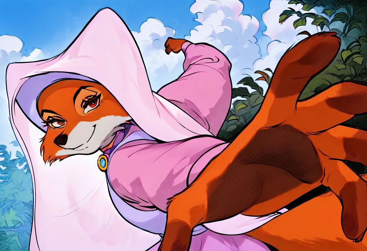 score_9, score_8_up, score_7_up, score_6_up, score_5_up,score_4_up,  
maid_marian, pink dress, pink headwear, orange fur, big red eyes, fox tail, IncrsPunchMeme, incoming punch, closed mouth, smug