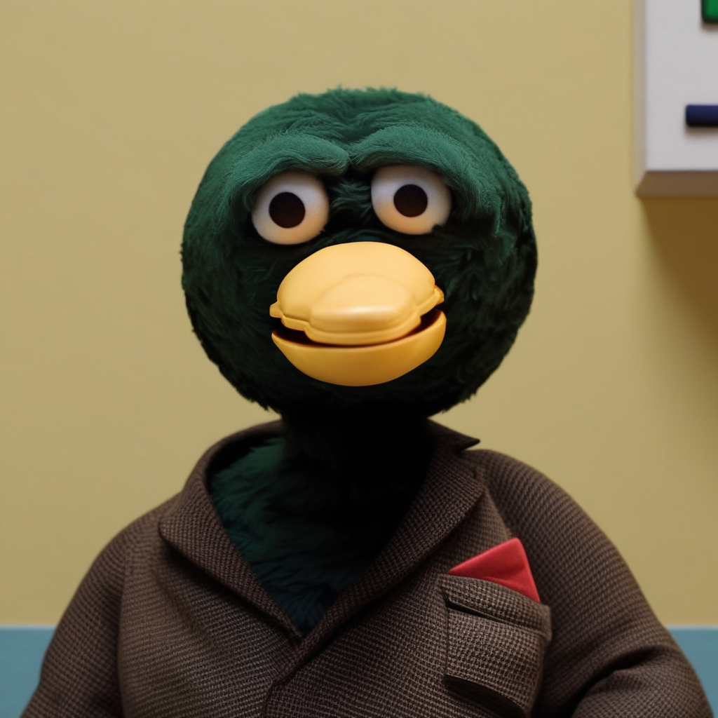 Duck, green puppet, upper body, looking at viewer, open beak, yellow beak, brown jacket, pocket handkerchief, solo, no humans, indoors, no humans