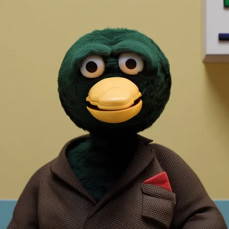 Duck, green puppet, upper body, looking at viewer, open beak, yellow beak, brown jacket, pocket handkerchief, solo, no humans, indoors, no humans