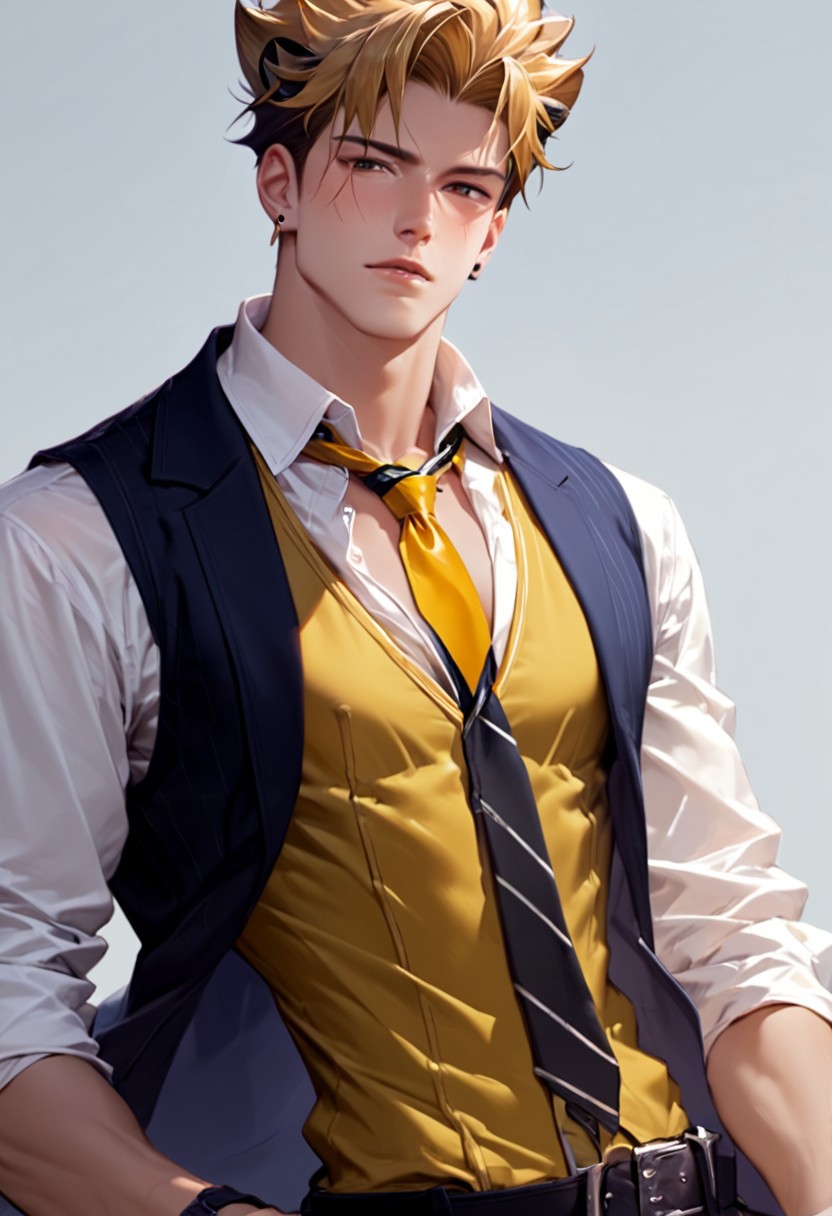 score_9, score_8, score_7, 1boy, solo, male focus, toned male, Pale skin, rating_explicit, source_anime, game_cg, male focus, uncensored, standing, vest, necktie, hands on necktie, fixing necktie, sfw