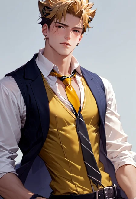 score_9, score_8, score_7, 1boy, solo, male focus, toned male, Pale skin, rating_explicit, source_anime, game_cg, male focus, uncensored, standing, vest, necktie, hands on necktie, fixing necktie, sfw