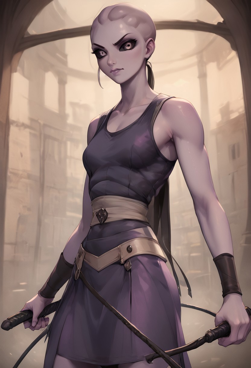 SFW, rating_all, score_10, score_8_up, score_7_up, beautiful, realistic, detailed, perfect, quality, vector, dynamic, dynamic pose, flat colors, masterpiece, ((Kaminoan)), female,  1.8 meters tall, ((gray skin, bald, black sclera, colored sclera, (purple iris))), stern look, looking at viewer, tough, short skirt, whip, whipping, glowing whip