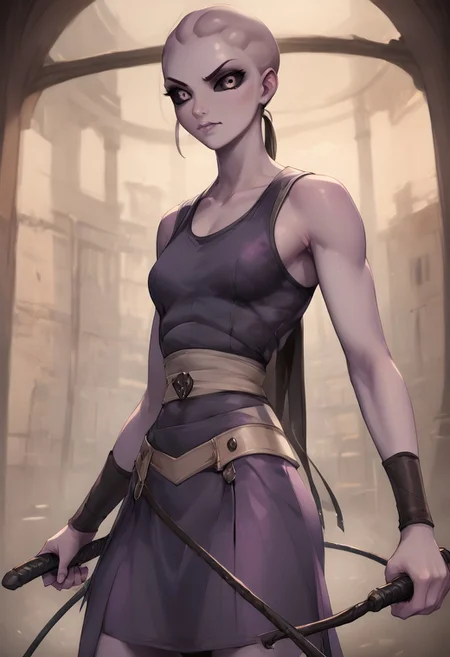 SFW, rating_all, score_10, score_8_up, score_7_up, beautiful, realistic, detailed, perfect, quality, vector, dynamic, dynamic pose, flat colors, masterpiece, ((Kaminoan)), female,  1.8 meters tall, ((gray skin, bald, black sclera, colored sclera, (purple iris))), stern look, looking at viewer, tough, short skirt, whip, whipping, glowing whip
