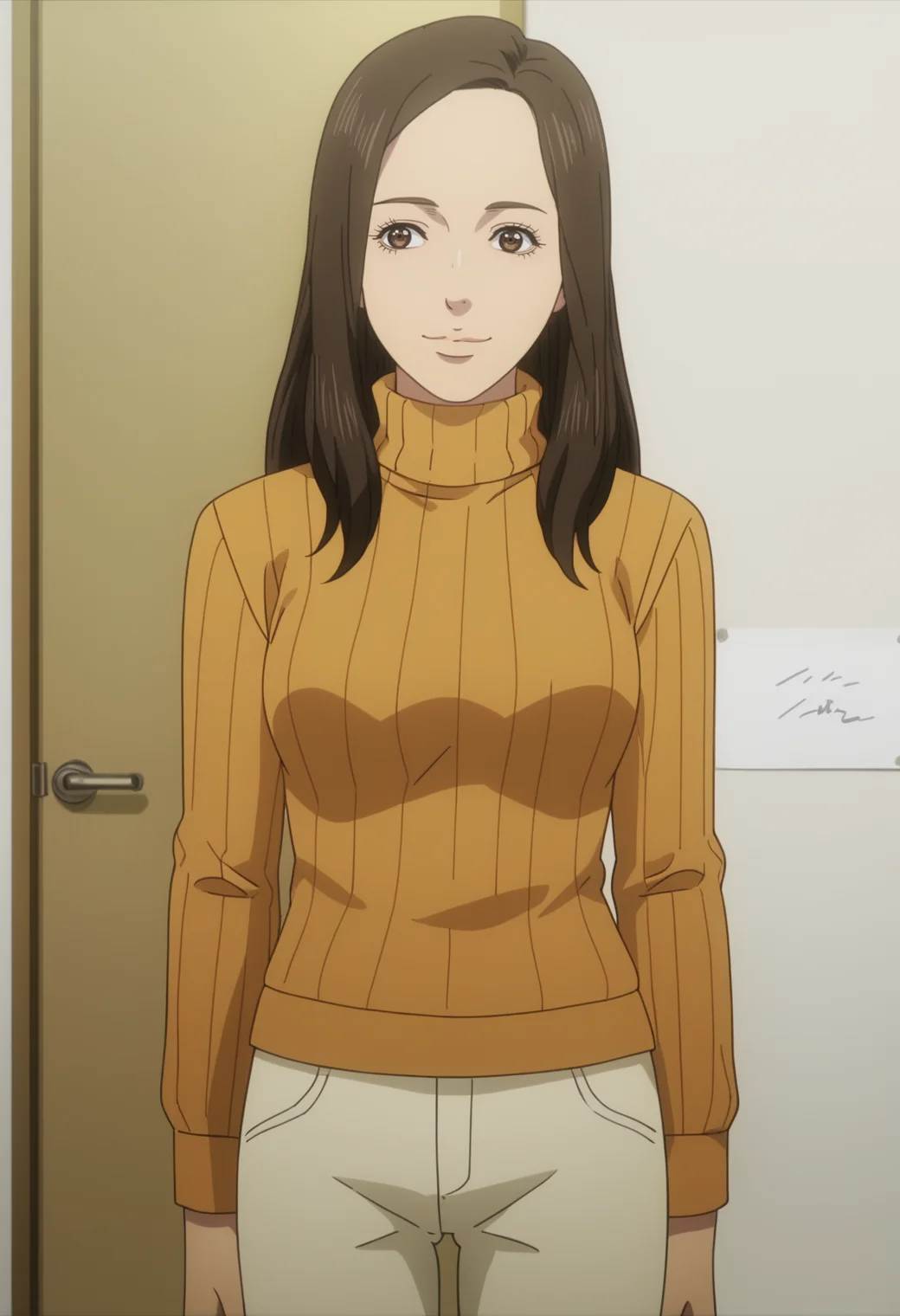 score_9, score_8_up, score_7_up, source_anime, BREAK 1girl, solo, cowboy shot, <lora:DX888Misaki:1>, shimizu misaki, brown hair, brown eyes, long hair, anime screencap, knees together feet apart, standing, turtleneck sweater, ribbed sweater, pants, smile,