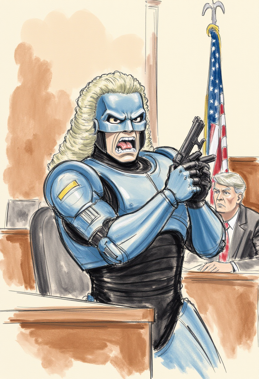 <lora:Courtroom_Sketch_Style_FLUX-000013:0.8>
This is a detailed, hand-drawn courtroom scene in a sketchy, watercolor style depicting Robocop wearing a court wig looking angry, aiming a pistol.