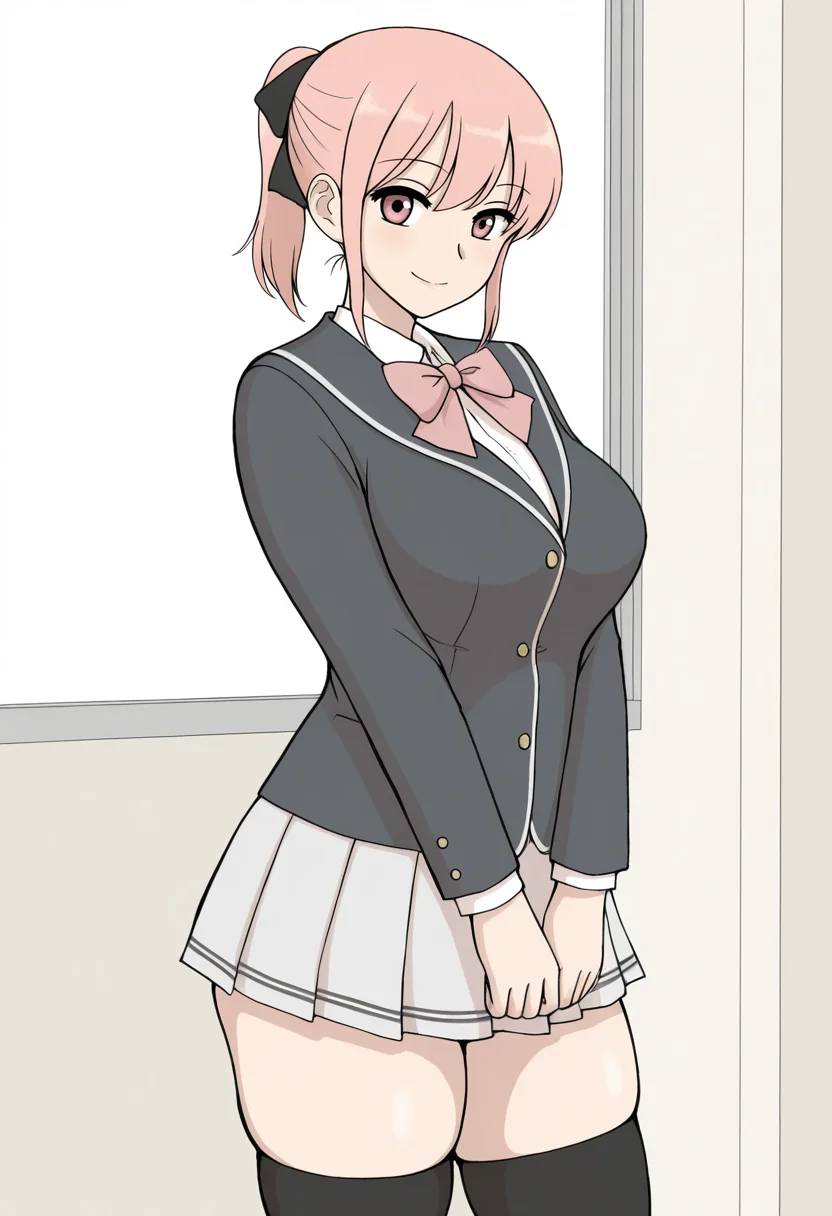 masterpiece, best quality,
<lora:Urakan:1> 0r4k4n, 1girl, solo,standing,looking at viewer, happy, closed mouth,pink hair, ponytail, pink eyes,school uniform, bow, long sleeves, skirt, skindentation, thighhighs,