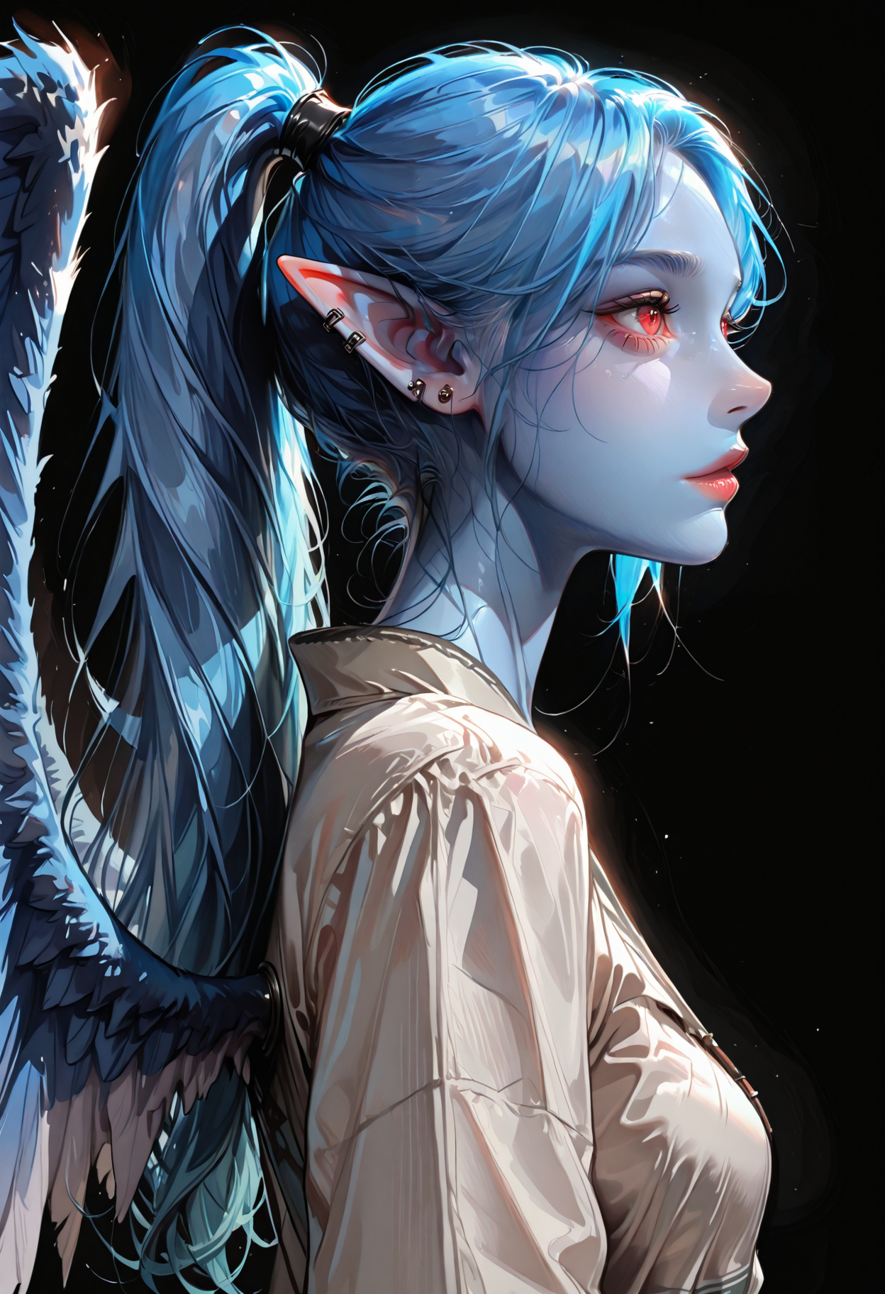 1girl, solo, jewelry, earrings, pointy ears, long hair, wings, colored skin, blue hair, black background, upper body, from side, profile, ponytail, ear piercing, blue skin, red eyes, piercing, simple background, breasts, elf
<lora:DetailedEyes_V3:1> <lora:USNR_STYLE_ILL_V1_lokr3:0.45> usnr <lora:ponyv6_noobV1_2_adamW:0.9> <lora:GENESIS_MK0.2:0.5>  <lora:KoreanStyleSDXLvpred10:1> AiKoreanStyle, lips, korean, asian <lora:KRGRL-IL:1>
