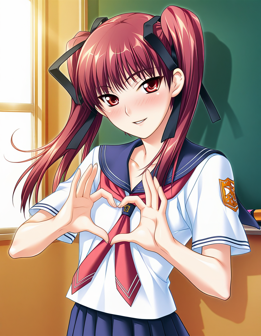 masterpiece, best quality, amazing quality, very aesthetic, absurdres, official art, ultra detailed,
1girl, solo, konoe_sunao, twintails, hair ribbon, red hair, red eyes BREAK
school uniform, serafuku, skirt
blush, smile, parted lips, looking at viewer, 
standing, pinup, heart hands, 
in classroom, upper body, sharp focus, depth of field, highly detailed, detailed skin, volumetric lighting, soft shadows, 
<lora:konoe sunao v1.0-000017:1>