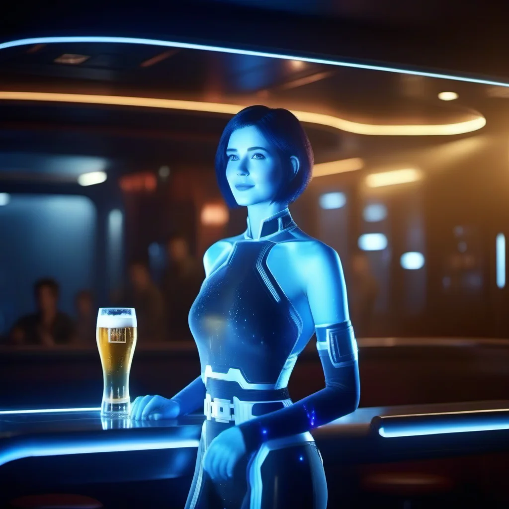 cinematic photo full body portrait 1girl, short hair, blue skin, science fiction, transparent hologram, having a beer in a spaceship pub <lora:Cortana1024:0.8> . 35mm photograph, film, bokeh, professional, 4k, highly detailed