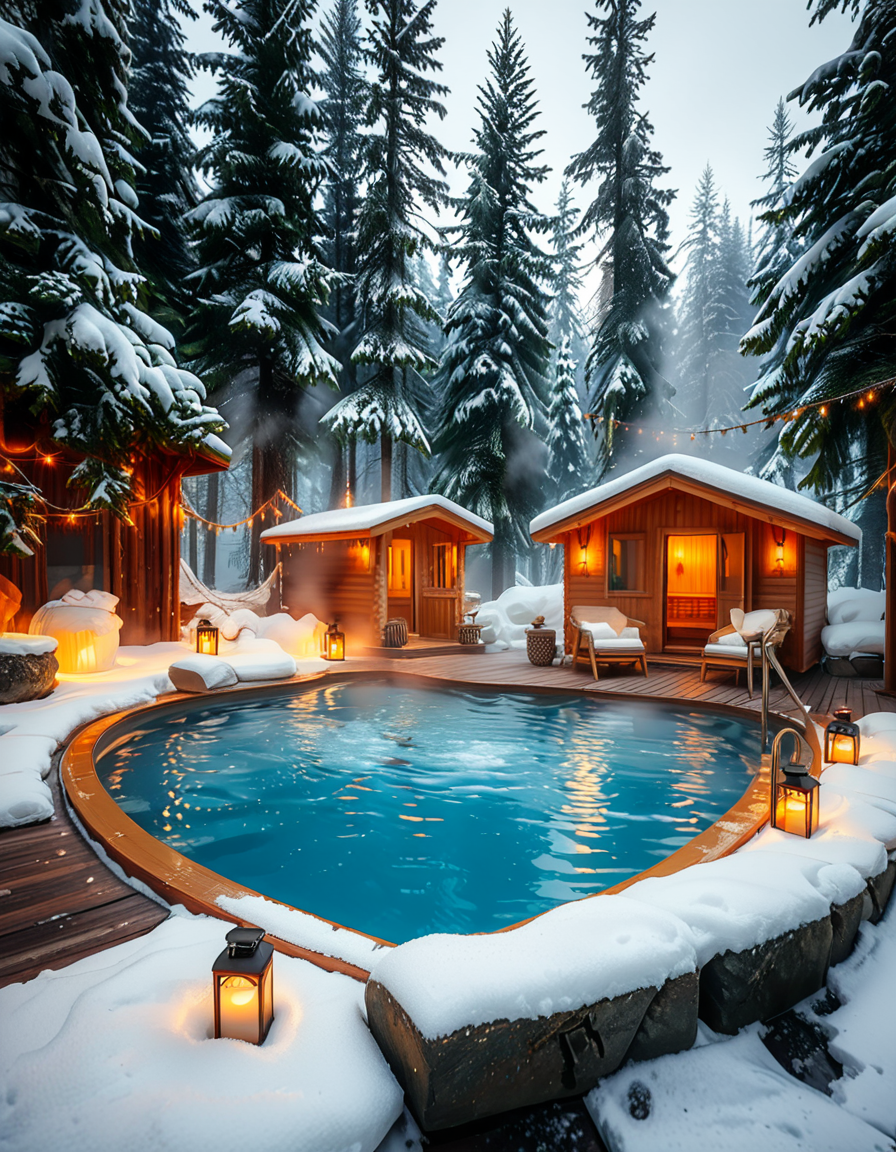 A breathtaking Nordic spa in the heart of a snowy forest, surrounded by tall evergreen trees. The scene captures a steaming outdoor hot pool with crystal-clear water, reflecting the soft glow of ambient lighting. A rustic wooden cabin with a snow-covered roof stands nearby, serving as a relaxation area. Wooden lounge chairs with neatly folded white towels are placed around the pool. A stone pathway, lightly dusted with snow, leads to the water, illuminated by warm, soft lanterns. A few people are seen enjoying the spa, some wrapped in cozy robes while others relax in the steaming water. The atmosphere is serene and tranquil, with mist rising from the hot pool, contrasting with the cold winter air. The lighting is warm and inviting, creating a perfect balance between natural beauty and luxurious comfort.
<lora:SDXLFaeTastic2400:0.4> <lora:extremely_detailed:0.4> extremely detailed, <lora:Nordic_sp4:1>,Nordic sp4, Masterpiece,best quality,hi res,8k,hi res,8k,award winning,(sharp focus, intricate, highly detailed),
