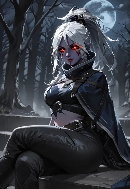 safe_pos, score_9, score_8_up, score_8, BREAK, outdoors,night,dim light,in forest,on mossy brick staircase,from sideways,arcdrow, purple colored skin,1girl, solo,  sitting,crossed legs, looking at viewer,smile,beautiful face,lips,beautiful eyes, red eyes,glowing eyes,half closed eyes,white hair, long hair, ponytail, braided sidelock,(curvy:1),medium breasts,huge thighs,huge hips,BREAK, blue cape, gloves,midriff, crossed belts, pants