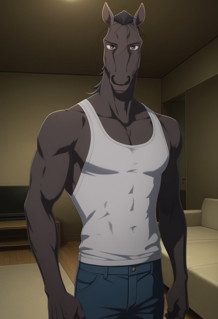 high quality, detailed, Yahya, mature male, anthro, anthro male, horse, grayish brown body, black hair, brown eyes, animal ears, beastars, athletic build, broad shoulders, white tank top, blue jeans, looking at viewer, indoors, living room, lavish room, half-body, standing, muscular, pecs, abs