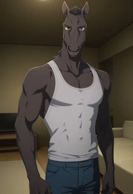 high quality, detailed, Yahya, mature male, anthro, anthro male, horse, grayish brown body, black hair, brown eyes, animal ears, beastars, athletic build, broad shoulders, white tank top, blue jeans, looking at viewer, indoors, living room, lavish room, half-body, standing, muscular, pecs, abs