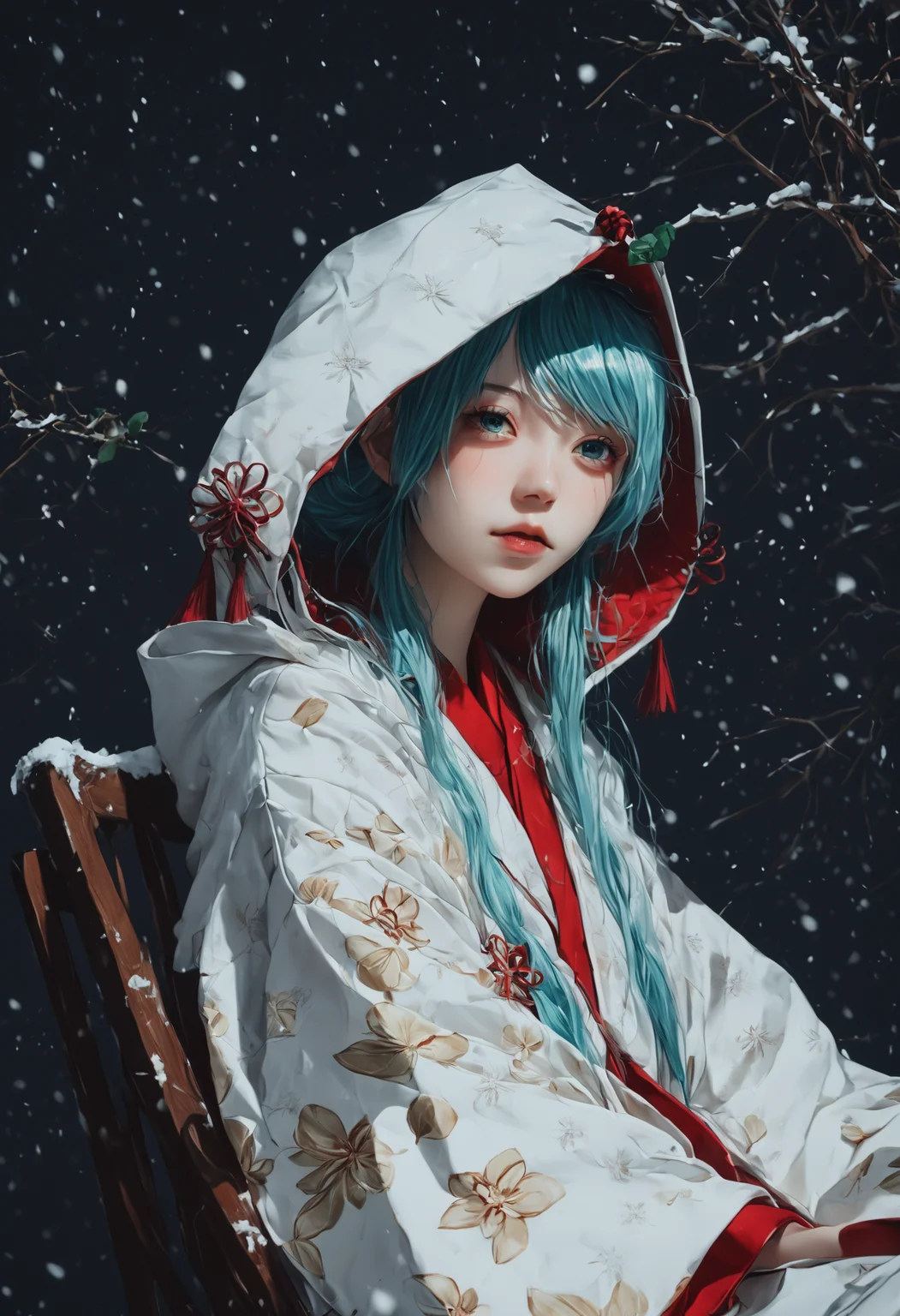 score_9,score_8_up,score_7_up,,source anime BREAK, 1girl, solo,, s1_dram, from below, on snow park chair, , , SHM13, hatsune miku, 1girl, wataboushi, uchikake, yuki miku, japanese clothes, solo, kimono, hood, sakazuki, long hair, aqua hair, dark background<lora:S1_Dramatic_Lighting_v2:0.8>,<lora:éªãã¯13:1>