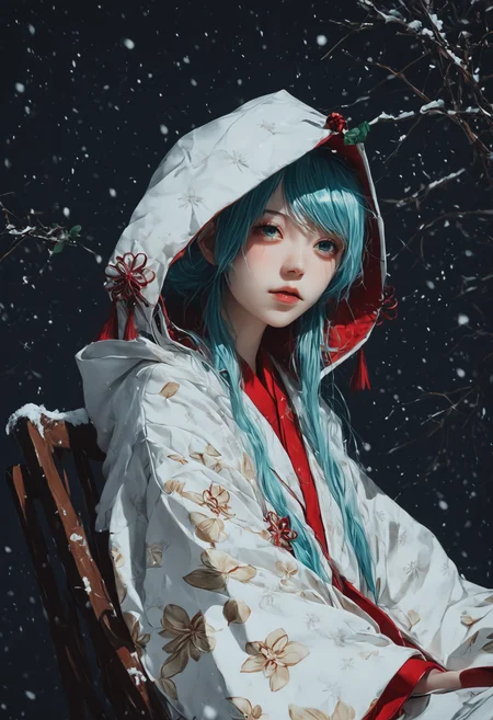score_9,score_8_up,score_7_up,,source anime BREAK, 1girl, solo,, s1_dram, from below, on snow park chair, , , SHM13, hatsune miku, 1girl, wataboushi, uchikake, yuki miku, japanese clothes, solo, kimono, hood, sakazuki, long hair, aqua hair, dark background<lora:S1_Dramatic_Lighting_v2:0.8>,<lora:éªãã¯13:1>