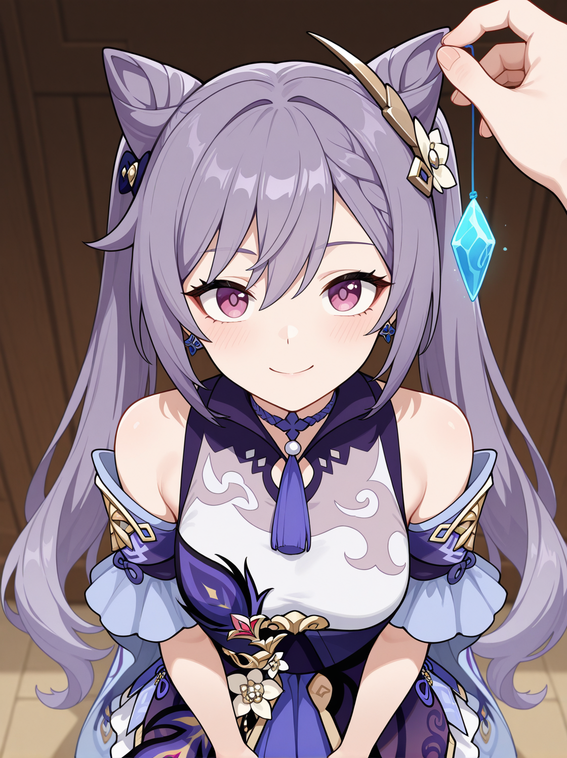 masterpiece, best quality, amazing quality, very aesthetic, absurdres,  newest, , 1girl, standing,  keqing \(genshin impact\),  upper body, smile, small breasts, holding, gem, pov  crystal holding, from above, 
 <lora:Crystal_on_string_v2_il:0.8:hr=0.3> crystal on string,