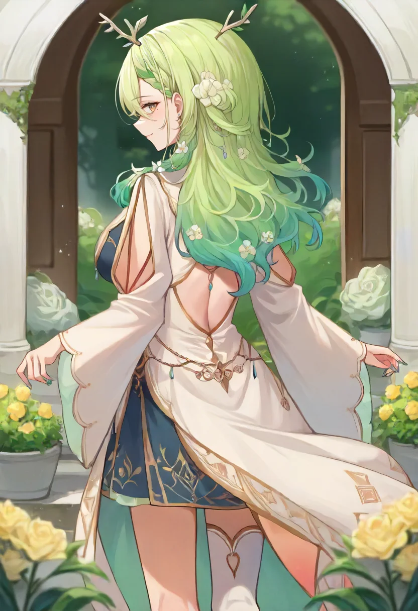 score_9, score_6_up, source_anime, 1girl, solo, from behind, garden, oversized flower, fauna_newyears, fauna_base, long hair, antlers, braided bangs, two-tone dress, jewelry, white thighhighs, single thighhigh, green nails, mole under eye, light smile, milf <lora:ceres_fauna_sdxl_pony:1>