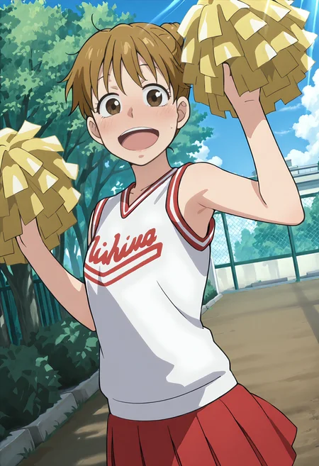 best quality, amazing quality, perfect quality, high quality, masterpiece, absolutely eye-catching BREAK
<lora:Ookiku_Furikabutte_-_Ayano_Tomoi:1> OofuriAyano, brown eyes, brown hair, short hair, wispy bangs, single hair bun, skinny, small breasts BREAK
cheerleader, white sleeveless shirt, clothes writing, red pleated skirt  BREAK
1girl, solo, outdoors, trees, sky, sunbeam, pom pom (cheerleading), holding pom poms, cheering, looking at viewer, cowboy shot, dutch angle