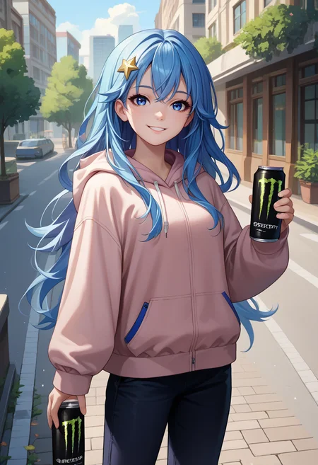 score_9, score_8_up, score_7_up, source_anime, solo, 1girl, smile, looking at viewer, holding monster energy, long hair, blue hair, star hair ornament, blue eyes, hooded jacket, long sleeves, black pants, outdoors, city sidewalk