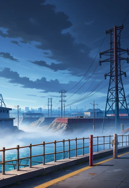 score_9,NextGenScenes, score_8_up,score_7_up,score_8,ultra, detailed, detailed background,4k,HD,8k,highres,antialiasing,detailed texture, detailed, scenery, mega city, dystopian, dark sky, fog, metallic, industrial, no humans, platform railing, scenery, silo, steel beam, wires, powerline,
<lora:NextGenScenes-000008:1>