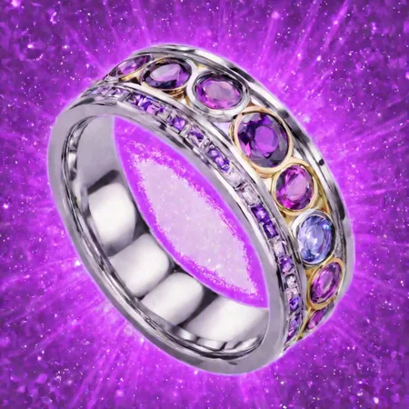 baldurs gate ring, (purple glow:1), gold ring, ring, HD, ring, silver and black, semi plain ring, multi stone
