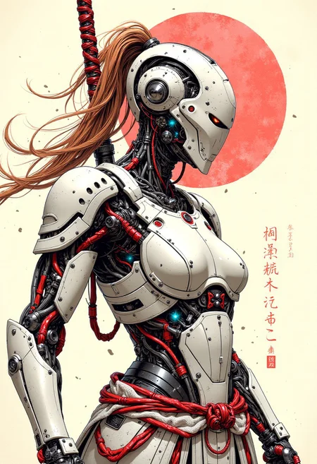 mythp0rt, traditional japanese art style, ink on paper, wabi-sabi, henna and carmine, sepia, BREAK, cyberpunk robot samurai woman, robot face with mirrored face shield, hyperdetailed helmet, white and neon armor, robot joints, body made of metals, cables and wires, holding a katana by the hilt