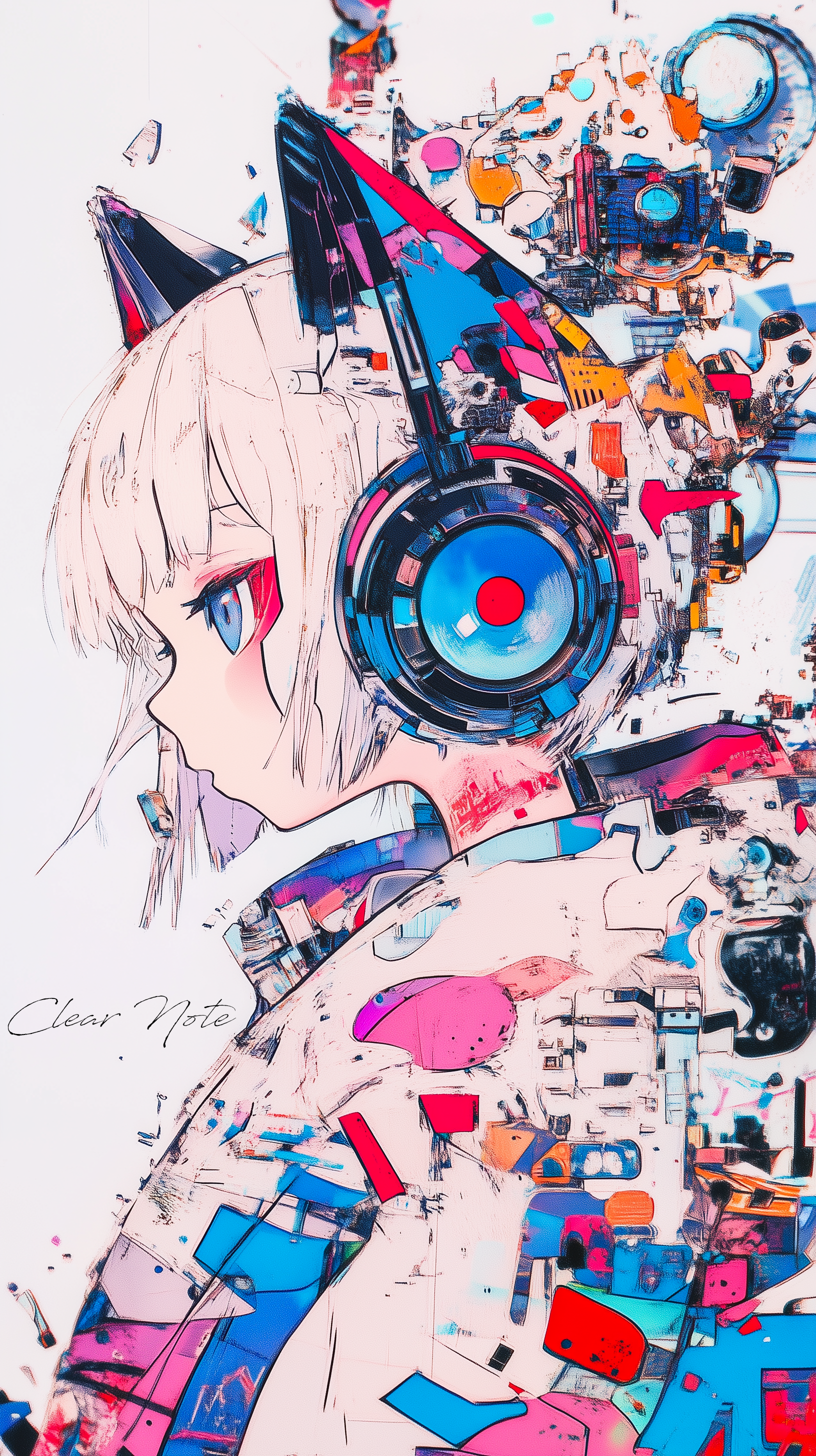 Japanese anime art style, colorful Paper Cuttings style, A girl in a cute kimono is looking at me, Cat ears, Futuristic, Cyberpunk, headphone