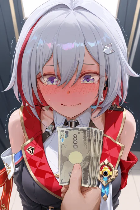 (masterpiece,best quality),<lora:Ahn1style-Illustrious-lora-Faxtron:1> y1o7an,honkai_(series), topaz (honkai: star rail), honkai (series),
<lora:holding-money-pov-ponyxl-lora-nochekaiser:1>,holding money pov,holding money,pov,banknote,holding,,<lora:ijimeka-ponyxl-lora-nochekaiser:1> ijimeka,ijimeka (meme),meme,full-face blush,trembling,embarrassed,wavy mouth,tears,tearing up,blush,looking down,,