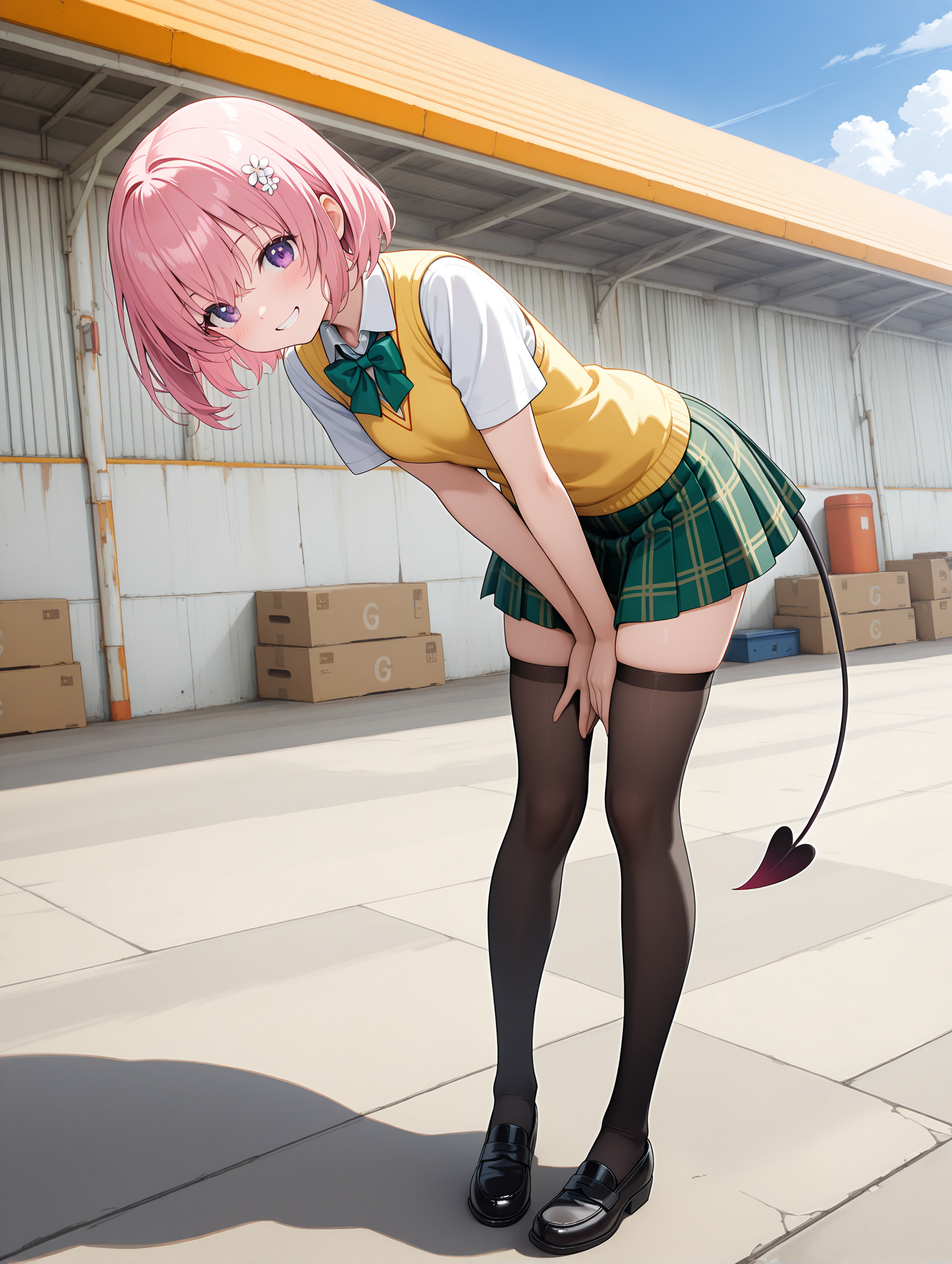 masterpiece,best quality,newest,
1girl,solo,
<lora:solas_ilxl_v1:1>,w_h,mountain,blue sky,cloud,warehouse,outer wall,
<lora:Fixhands_anime_bdsqlsz_V1:1>,<lora:momo_ilxl_v1.8:1>,momo,pink hair,purple eyes,short hair,h_o,hair ornaments,m_clothes,short sleeve blouse,yellow vest,green bowtie,green plaid skirt,demon tail,black_thighhighs,loafers,
looking_at_viewer,grin,light_blush,wide-angle lens shot,full body shot,wide_shot,long_shot,leaning_forward,