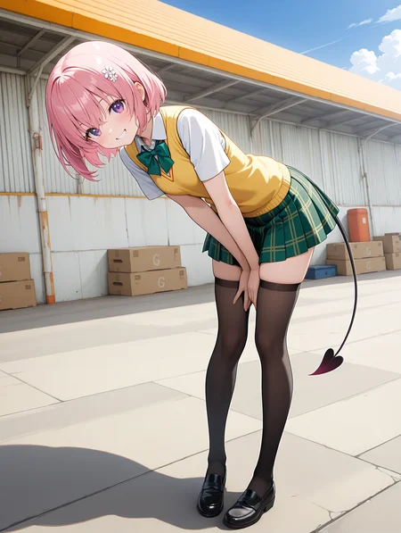 masterpiece,best quality,newest,
1girl,solo,
<lora:solas_ilxl_v1:1>,w_h,mountain,blue sky,cloud,warehouse,outer wall,
<lora:Fixhands_anime_bdsqlsz_V1:1>,<lora:momo_ilxl_v1.8:1>,momo,pink hair,purple eyes,short hair,h_o,hair ornaments,m_clothes,short sleeve blouse,yellow vest,green bowtie,green plaid skirt,demon tail,black_thighhighs,loafers,
looking_at_viewer,grin,light_blush,wide-angle lens shot,full body shot,wide_shot,long_shot,leaning_forward,