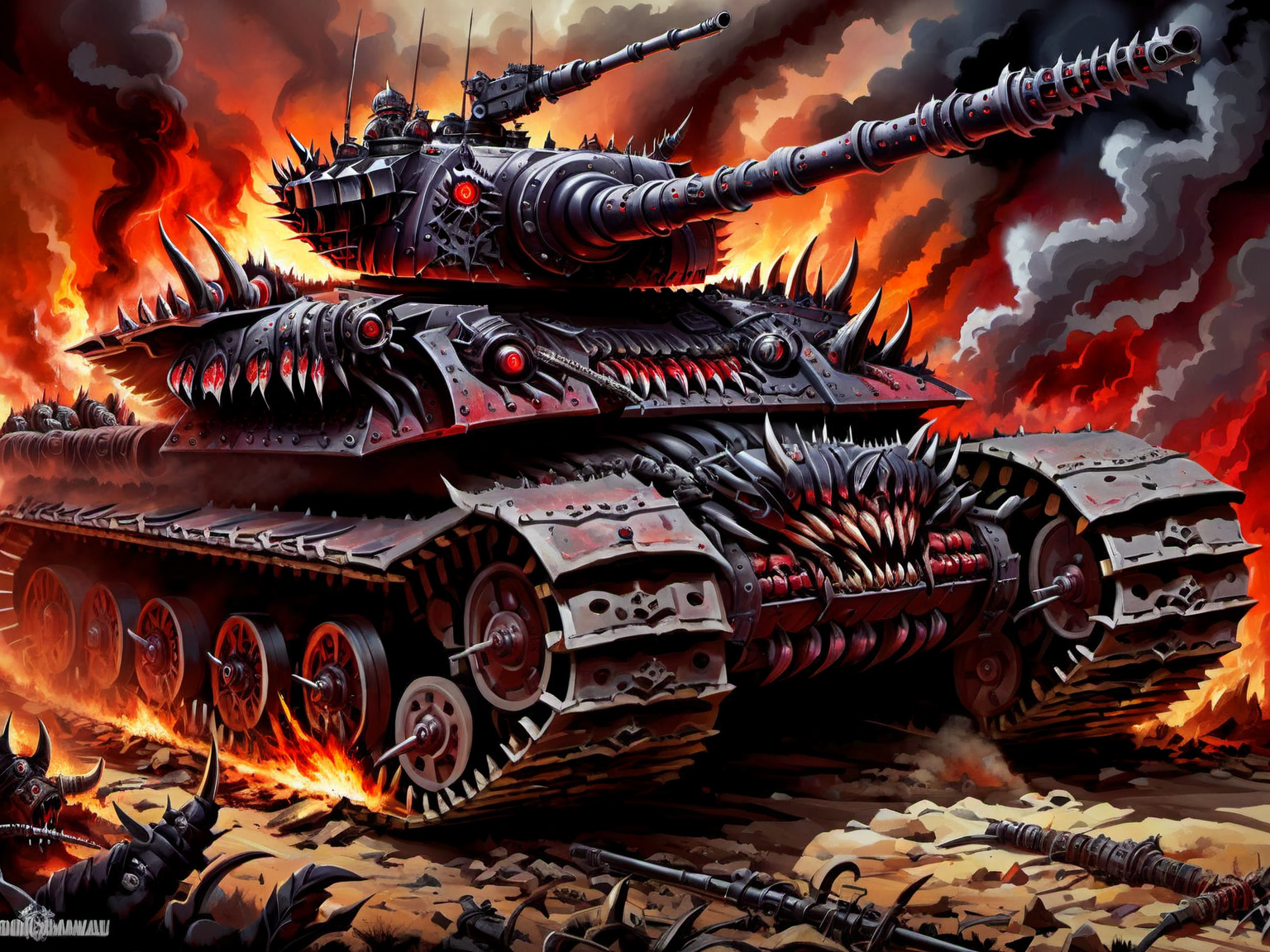 <lora:HorrorAI:.8> demonmawAI  battle tank, Highly detailed, horror setting, intricate detailed background