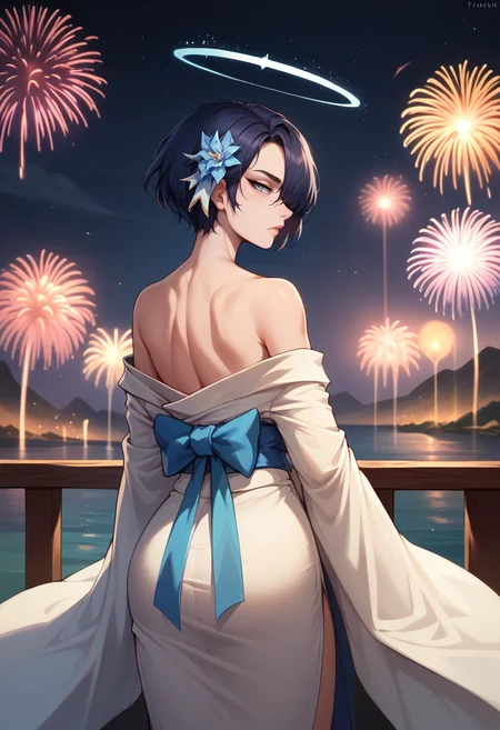 score_9, score_8_up, score_7_up, from behind, solo, 1girl, htarchangel, expressionless, looking back, hair over one eye, halo, white kimono, off shoulder, blue sash, bare shoulders, fireworks <lora:helltaker_archangel_ponyXL:1>