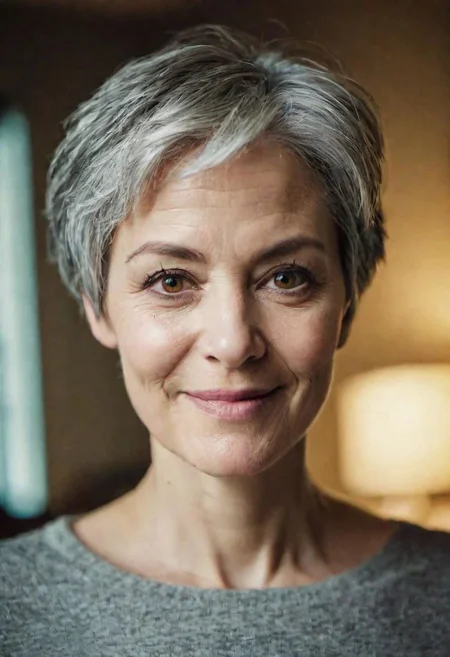 PA7_sdxl-Photo, woman, beautiful eyes, short hair, gray hair, happiest, dim light, cinematic lighting, volumetric lighting, film grain, PA7_xl-Portrait-ECU
