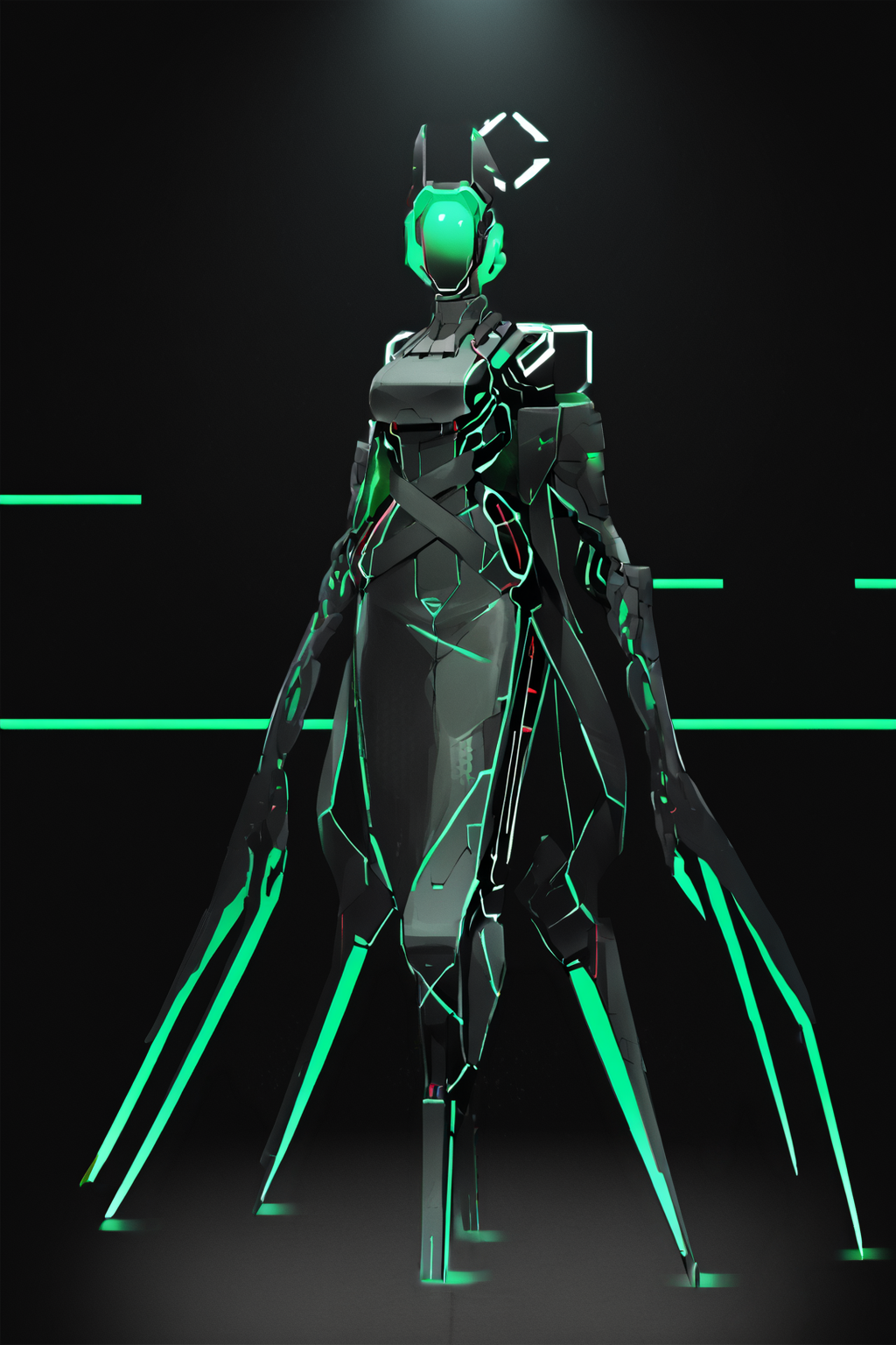 score_9, score_8_up, score_7_up, score_6_up, score_5_up, score_4_up, BREAK, source_anime, solo, 1girl, rating_safe, ((mature female)), ((long green flowing hair)), mechanical parts, ((plastic, polymer, metal body)), (big mechanical rabbit ears), mature female, (bunny ears), (animal ears), subdermal port, ((milf, mature female, big breasts)), hexagon lines in skin, naval uniform overcoat, naval uniform, white military uniform, dress_uniform, ribbons, ((red eyes)), bunny tail, rabbit tail, aiguillette, ((green hair)), ascot, ((Aerial view Close shot (focus on waist), Kneeling with one hand on the floor )), pilot suit, shoulder cutout, bunny rabbit Tail, ((hair over one eye, )), digitigrade, clawed feet, minimal clothes, ((metal skin, shiny skin, vampire aesthetic, digital eyes, filled eyes, monochromatic eyes, glowing eyes, colored sclera, red sclera, mechanical eyes, partially shaded face, slit pupils, angular, minimal face, minimalism, narrow eyes, large eyes)), (anubis \(mythology\), anubis \(mythology\), ), <lora:Pony_DetailV2.0:1.5>, <lora:age_slider_v4:4>, ((dark, shaded, black background, horror, GREEN HAIR,)) <lora:ECHANIS:0.7>,  <lora:HORiZON_DOLLS_by_EchanisEnicha:1> Robot girl
