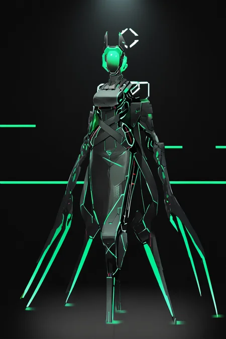 score_9, score_8_up, score_7_up, score_6_up, score_5_up, score_4_up, BREAK, source_anime, solo, 1girl, rating_safe, ((mature female)), ((long green flowing hair)), mechanical parts, ((plastic, polymer, metal body)), (big mechanical rabbit ears), mature female, (bunny ears), (animal ears), subdermal port, ((milf, mature female, big breasts)), hexagon lines in skin, naval uniform overcoat, naval uniform, white military uniform, dress_uniform, ribbons, ((red eyes)), bunny tail, rabbit tail, aiguillette, ((green hair)), ascot, ((Aerial view Close shot (focus on waist), Kneeling with one hand on the floor )), pilot suit, shoulder cutout, bunny rabbit Tail, ((hair over one eye, )), digitigrade, clawed feet, minimal clothes, ((metal skin, shiny skin, vampire aesthetic, digital eyes, filled eyes, monochromatic eyes, glowing eyes, colored sclera, red sclera, mechanical eyes, partially shaded face, slit pupils, angular, minimal face, minimalism, narrow eyes, large eyes)), (anubis \(mythology\), anubis \(mythology\), ), <lora:Pony_DetailV2.0:1.5>, <lora:age_slider_v4:4>, ((dark, shaded, black background, horror, GREEN HAIR,)) <lora:ECHANIS:0.7>,  <lora:HORiZON_DOLLS_by_EchanisEnicha:1> Robot girl