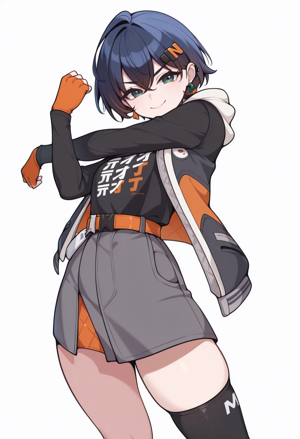 masterpiece, best quality, newest, stretching, solo, 1girl, zzzb3lle, smile, looking at viewer, standing, short hair, blue hair, crossed bangs, hair ornament, hairclip, green eyes, v-shaped eyebrows, hooded jacket, open jacket, black shirt, clothes writing, long sleeves, orange gloves, fingerless gloves, grey skirt, orange belt, black thighhighs, single thighhigh, earrings, simple background, white background
<segment:yolo-Anzhc Face seg 640 v3 y11n.pt,0.4,1//cid=11>