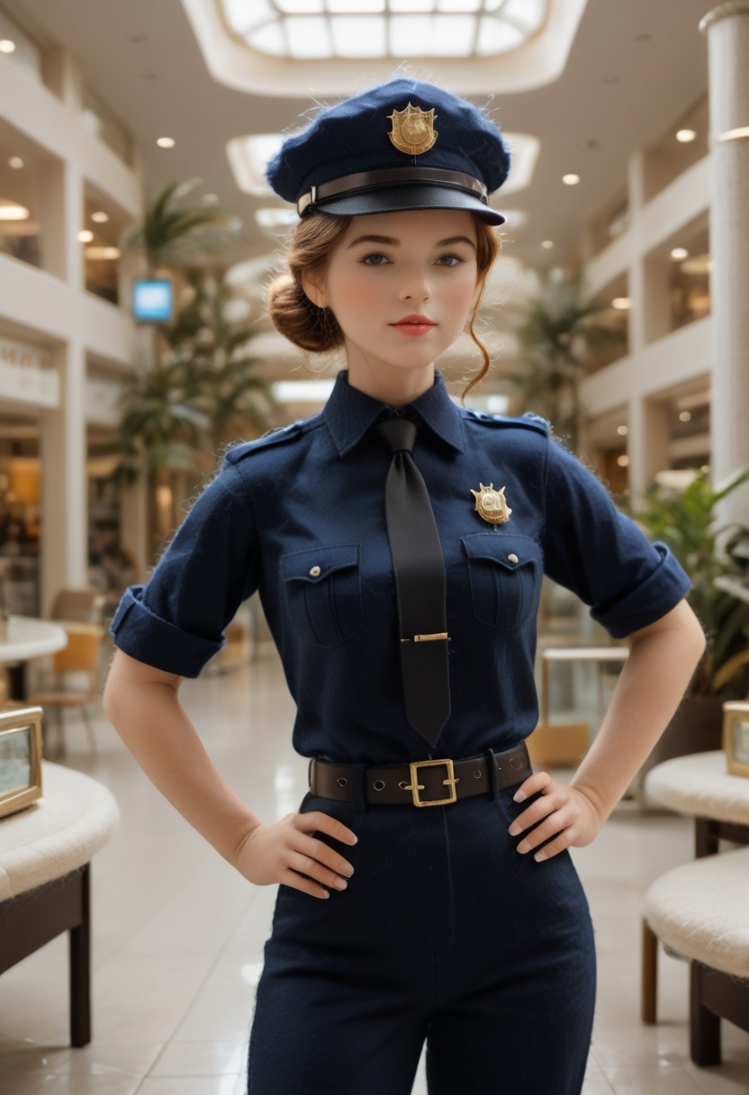 (mall cop), sscore_9, score_8_up, score_7_up, 1girl, brown hair, hair bun, solo, hat, uniform, necktie, single hair bun, belt, pants, shirt, looking at viewer, (score_6_up, score_5_up), solo, standing, source_anime, conceptart, (indoors, Police Department Office), WORLD MORPH FELT, MICROPHOTOGRAPHY.