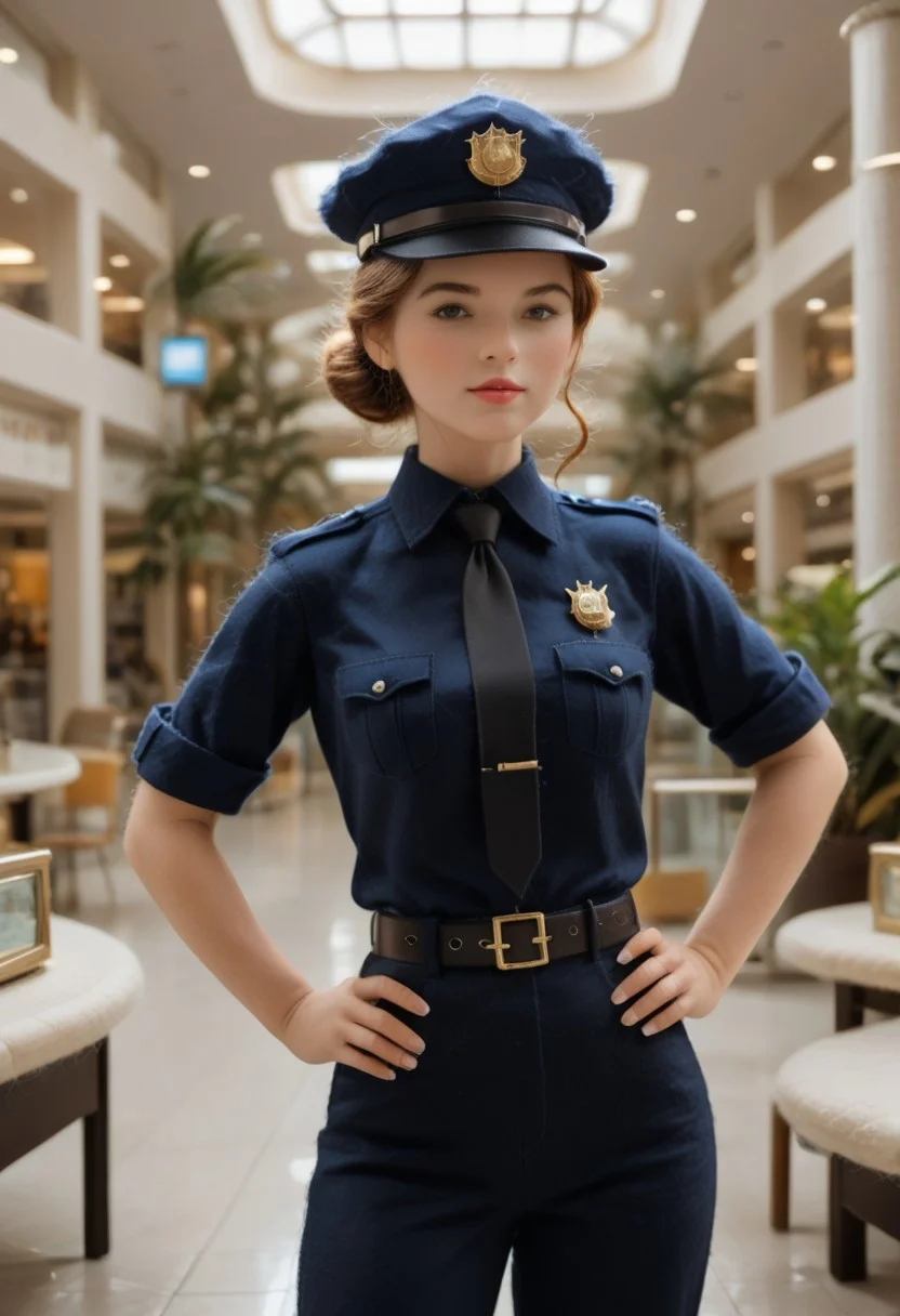 (mall cop), sscore_9, score_8_up, score_7_up, 1girl, brown hair, hair bun, solo, hat, uniform, necktie, single hair bun, belt, pants, shirt, looking at viewer, (score_6_up, score_5_up), solo, standing, source_anime, conceptart, (indoors, Police Department Office), WORLD MORPH FELT, MICROPHOTOGRAPHY.