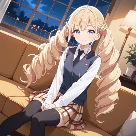 masterpiece, best quality, score_9, score_8_up, score_7_up, full body, 1 girl, looking at viewer, cowboy shot, dutch angle, indoors, sitting on couch, living room, night, blush, smile, Shia Foschurose, blone hair, twin drills, twintails, purple eyes, school uniform, sleeveless sweater vest, white shirt, black tie, long sleeved shirt, plaid skirt, black thighhighs, brown loafers