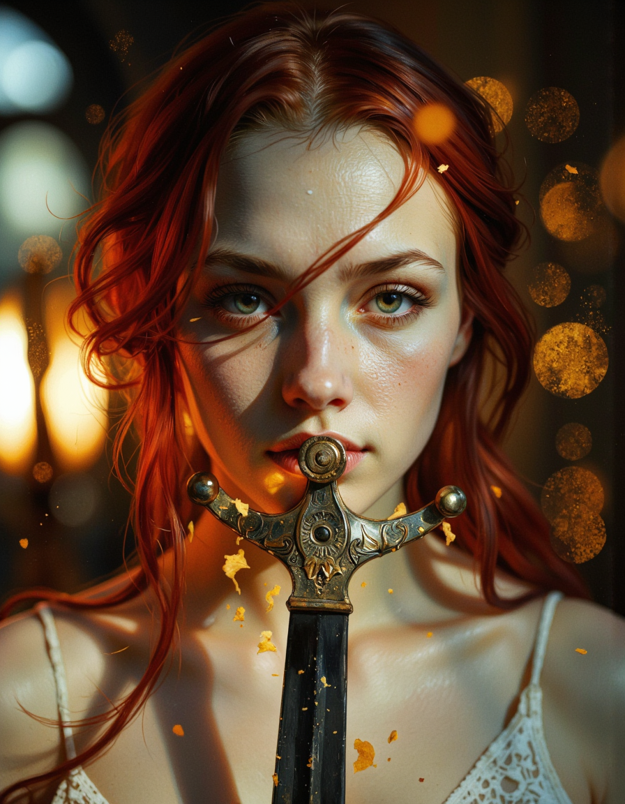 An extreme close-up of a mythical woman-warrior's face, delicate and pale as snow, with long flowing crimson hair that cascades messily around her face, partially obscuring one of her piercing, teal-colored eyes. Her delicate features convey a sense of quiet sadness and introspection, her lips slightly parted as if caught mid-thought. A large, weathered sword rests upright beneath her chin, its hilt subtly textured and dark, contrasting with her pale complexion, adding that gleams softly in the warm light with a subtle shimmer that hints at her ethereal nature. The sword glows softly, surrounded by a swirling aura of magical golden dust that sparkles and dances in the air. The background is artfully blurred with a bokeh effect, showcasing warm, autumnal hues of fiery orange and golden light. The focus is on her face and the sword. The image is highly detailed, with a focus on the textures of her skin, emphasizing enhancing the dramatic and bold aesthetic of the image.
(Dark intricate atmosphere, Light and shadow play, 3/4 view:1.3).
