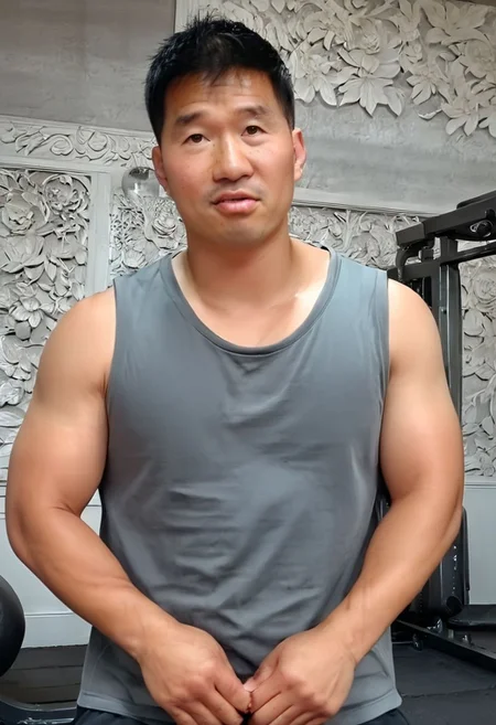 (((htkangface))), daddy,  natural face expression, (((detailed HtKangface))), fixed htKangface Photorealistic, realistic, masterpiece, intricate details, detailed background, depth of field, photo of a handsome, dynamic pose, natural face expression, (((looking at viewer))), high detail, high quality, male focus, ((full body)), ((serious)), ((gym background)), training, ((tank top))