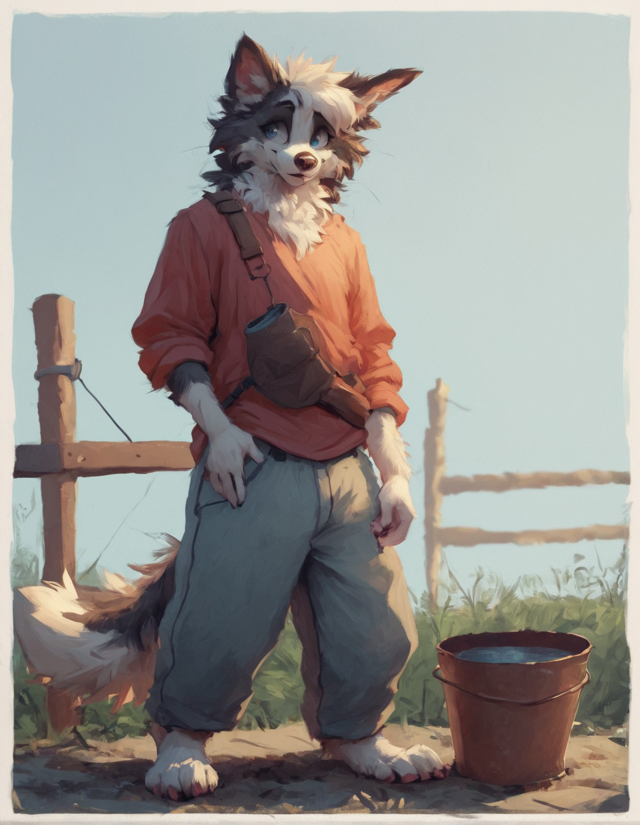 <lora:MegaFluffyPony:0.8> MegaFluffyPony, furry, fluffy <lora:by_latrans-v2s400:1> by latrans
source_furry,  female border collie fisher, wearing fishing outfit,  standing on a dock, holding a metal bucket, sunny, blue sky, full body, neutral expression, calm eyes, score_9, score_8_up, score_7_up, score_6_up, score_5_up,