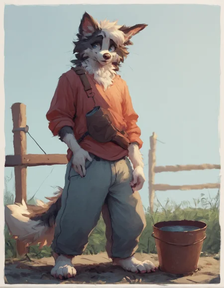 <lora:MegaFluffyPony:0.8> MegaFluffyPony, furry, fluffy <lora:by_latrans-v2s400:1> by latrans
source_furry,  female border collie fisher, wearing fishing outfit,  standing on a dock, holding a metal bucket, sunny, blue sky, full body, neutral expression, calm eyes, score_9, score_8_up, score_7_up, score_6_up, score_5_up,