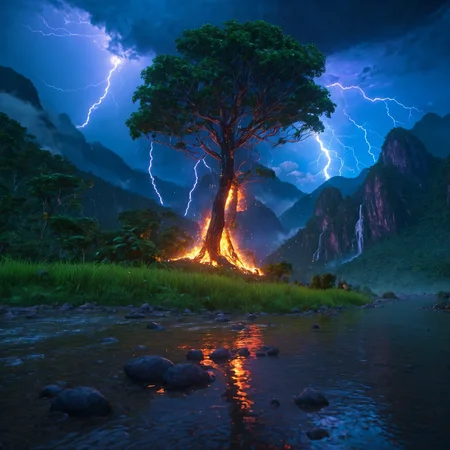 score_9, score_8_up, score_7_up, score_7, beautiful green rainforest, rich living nature, mountains in the background, very clean clear river, (large burning tree), Fire, enlivened with animals, clouds, thunderstorm, lightning, strong storm, full_moon, galaxy, glowing, milky_way, moon, night, night_sky, no_humans, rainbow, reflection, science_fiction, (depth of field), (realistic), hyper detail, dramatic light, intricate details, 8k, very aesthetic, (masterpiece:1.2), (best quality:1.2), ultra-detailed <lora:add-detail-xl:1>