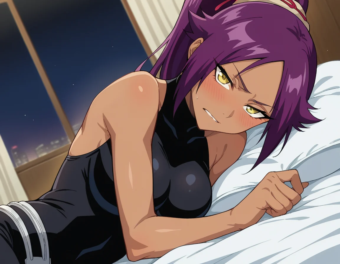 score_9, score_8_up, score_7_up, source_anime,
yoruichishihouin, <lora:yoruichi-shihouin-ponyxl-lora-nochekaiser:1>
yoruichi shihouin, long hair, yellow eyes, ponytail, purple hair, dark skin, dark-skinned female,
bodysuit, black bodysuit, bare arms, bare shoulders,
indoors, bed, bed room, on side, blush, drunk,
looking at viewer, dutch angle, cowboy shot,