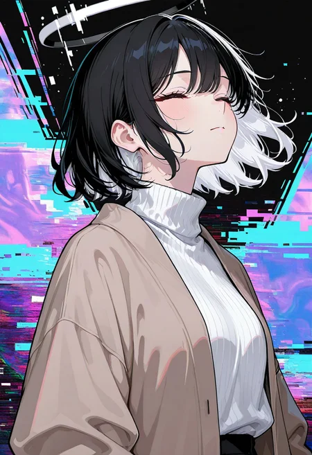 d_up, 1girl, black hair, short hair, closed eyes, white hair, multicolored hair, medium hair, shirt, turtleneck, sweater, long sleeves, turtleneck sweater, jacket, glitch, upper body, abstract background, white shirt, halo
